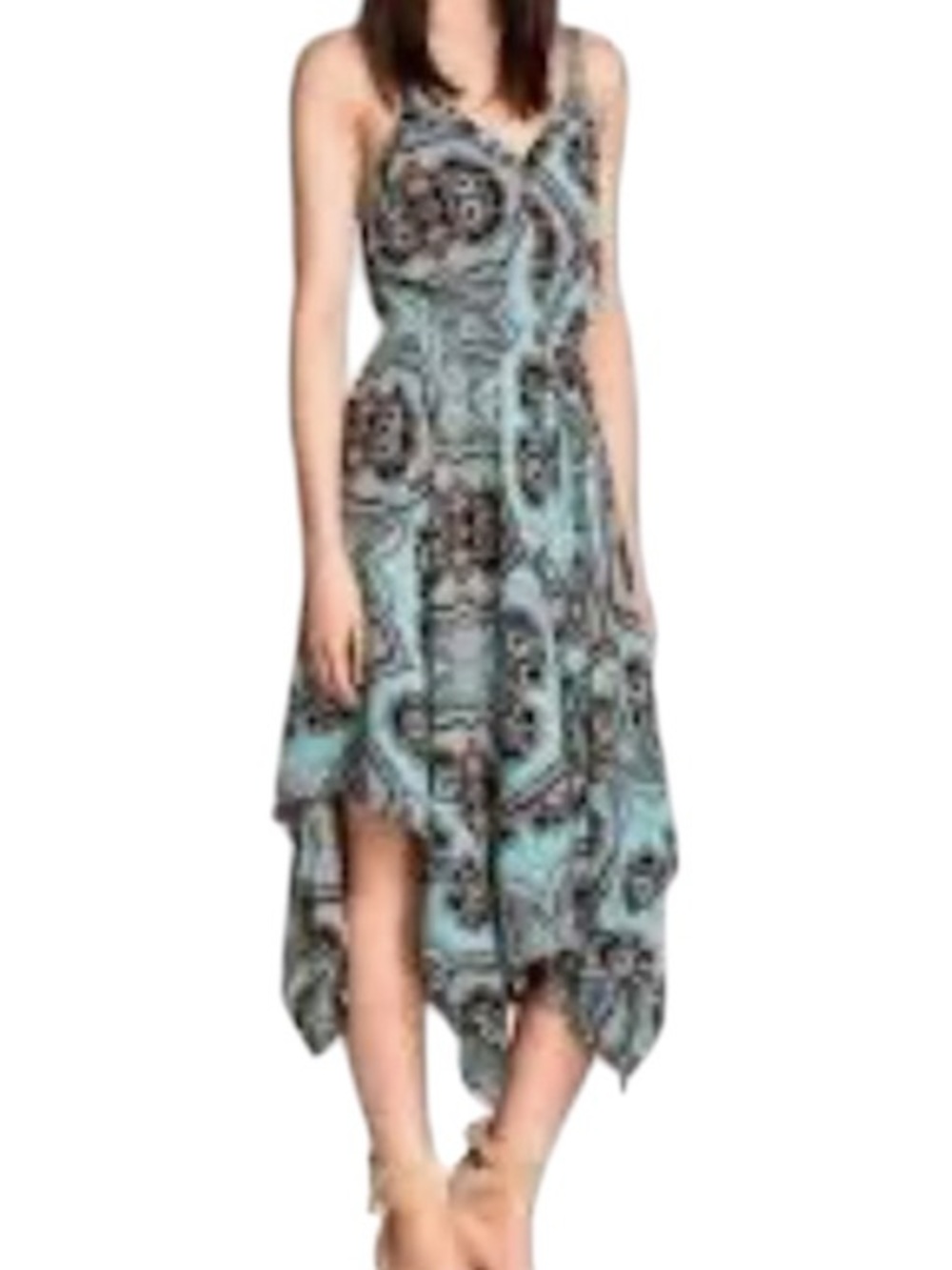 H&M Aqua and Black Floral High-Low V-Neck Dress